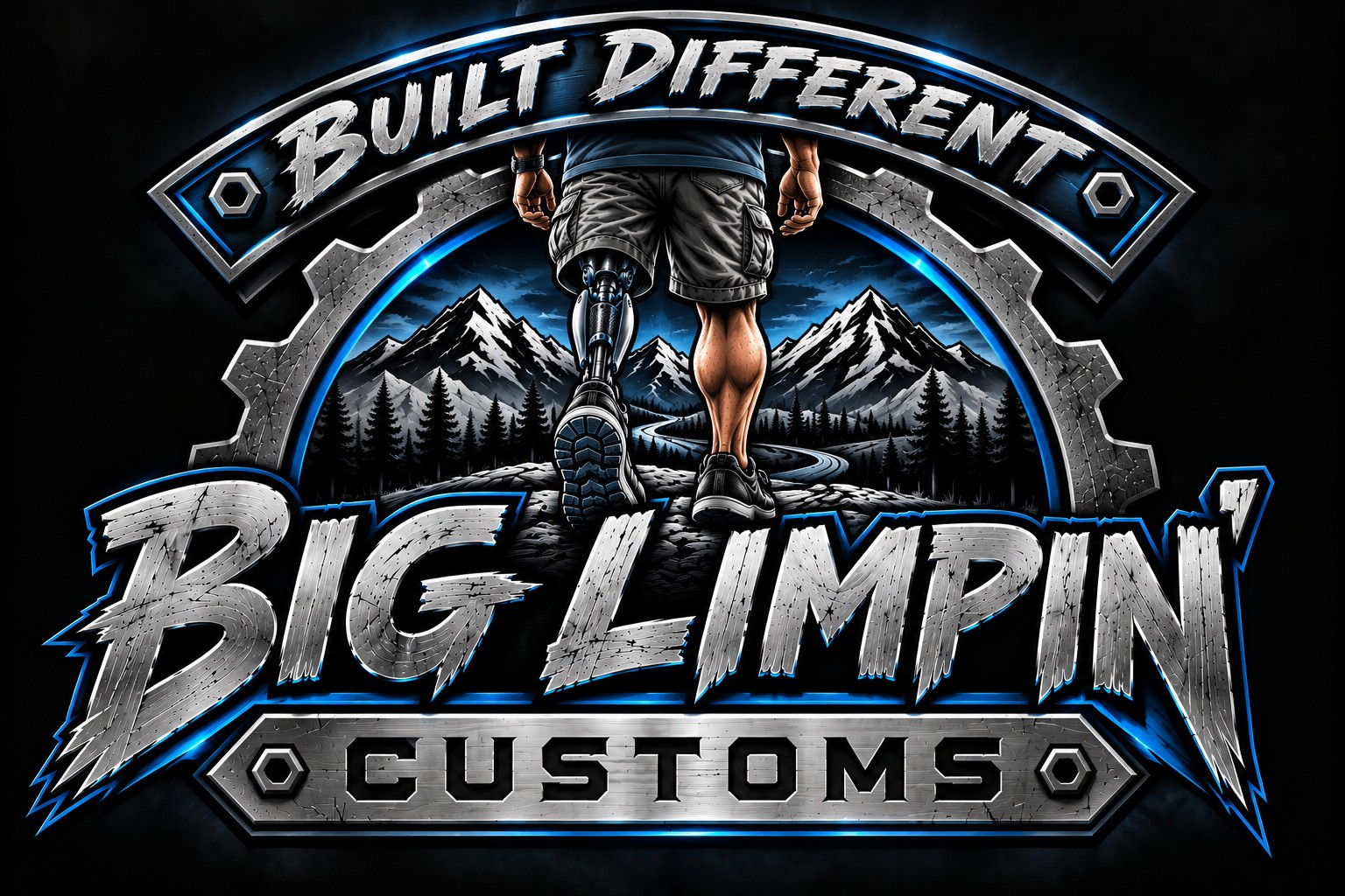Big Limpin’ Customs: Built Different. Steel-blue and silver gear emblem with mountains and a left prosthetic leg.